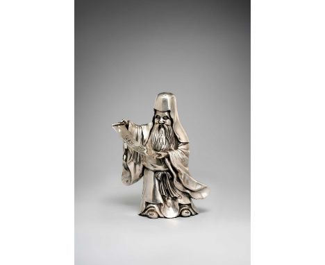 A LARGE JAPANESE SILVER OKIMONO OF JUROJIN BY ŌSHIMA JOUN (1858-1940)MEIJI OR LATER, 20TH CENTURYThe God of Good Fortune stan