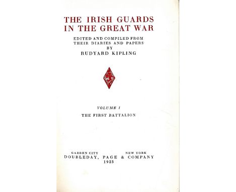 Kipling (Rudyard) The Irish Guards in the Great War, 2 vols. N.Y. 1923. First American Edn. dbl. page & other maps, orig. hf.