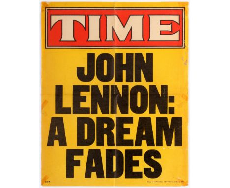 Original vintage advertising poster Time - John Lennon: A Dream Fades. Fair condition, folded, tears, small paper losses and 