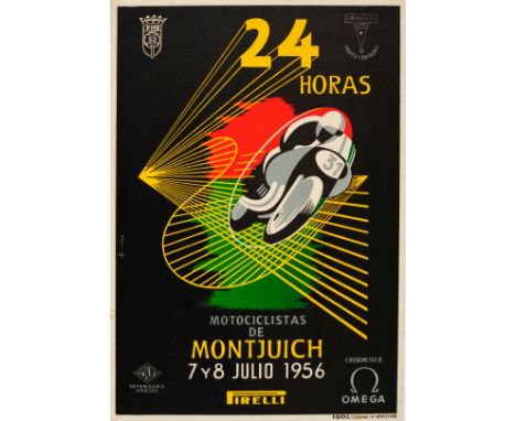 Original vintage sport event poster for the 24 Horas Motociclistas de Montjuich motorcycle race from 7-8 July 1956 featuring 