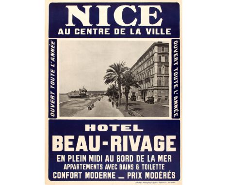 Early original vintage travel advertising poster for the Hotel Beau-Rivage on the Cote d'Azur in Nice - In the city centre Op