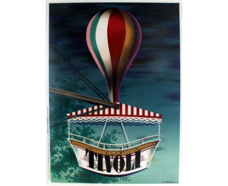 Lithograph poster printed in 1952 as a reissue of a 1943 poster featuring a colourful ferris wheel fairground ride to adverti