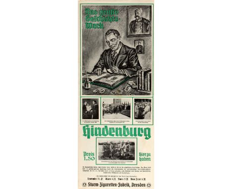 Original vintage advertising poster in German for Sturm Cigarette Cards - Hindenburg The Great History - featuring a black an