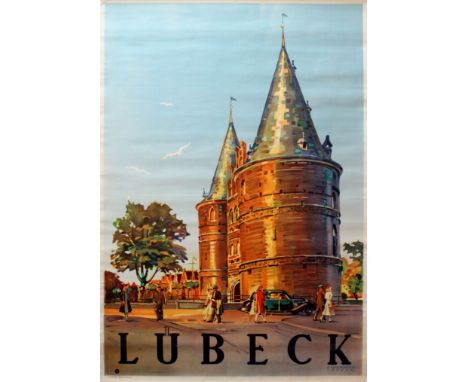 Original vintage travel advertising poster for Lubeck - a medieval city in Schleswig-Holstein, North Germany - featuring a pa