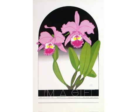 Original vintage poster: Orchids by Ken Perry. Art Deco image of a pair of purple orchid flowers and a green stem on a framed