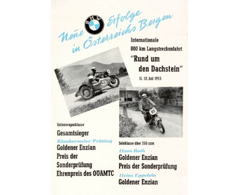 Original vintage BMW motorcycle racing poster celebrating their new achievements in Austria's mountains from 11-12 July 1953.
