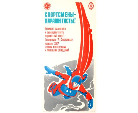 Original vintage Soviet poster encouraging sportsmen parachutists to practice parachute jumping and deliver more internationa