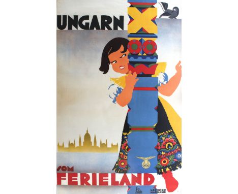 Original vintage travel poster for Hungary - Ungarn som Ferieland (holiday in Hungary). Fun and colourful image of a child in