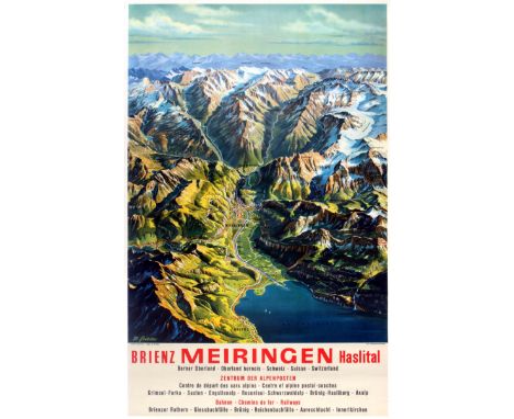 Original vintage travel advertising poster in German, French and English featuring a colourful map - Brienz Meiringen Haslita