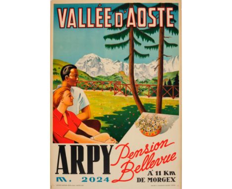 Original vintage travel poster promoting the Pension Bellevue in Arpy in the Aosta Valley in northwest Italy on the border wi