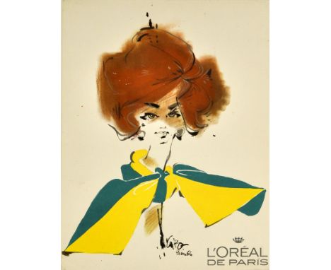 Original vintage advertising poster for L'Oreal de Paris featuring a stylish lady with brown hair wearing a fashionable scarf