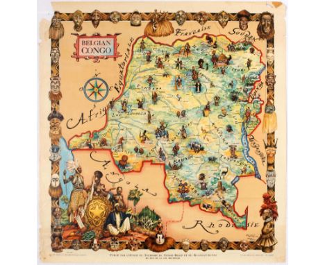 Original vintage illustrated map travel poster Map of Belgian Congo with illustrations. The Belgian Congo (French: Congo belg