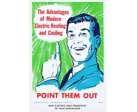 Group of seven original vintage advertising posters promoting electric heating. Great midcentury modern graphics from a serie