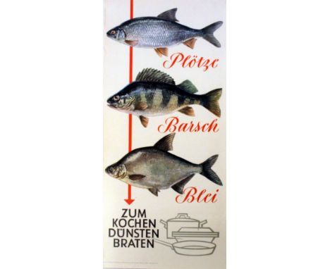 Original vintage food advertising poster promoting the use of freshwater fish in cooking: plotze, barsch, blei (carp, perch, 