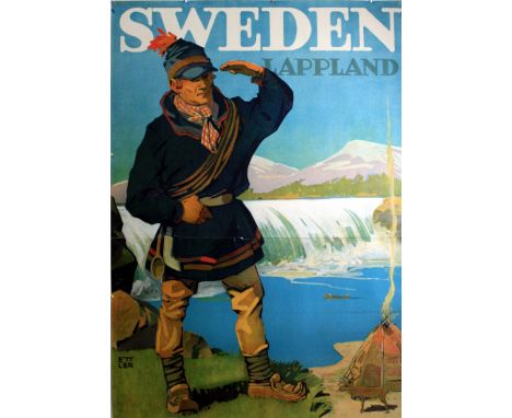 Travel Posters Sweden Lappland. Original vintage lithograph travel poster advertising Lapland, the most northern part of Swed