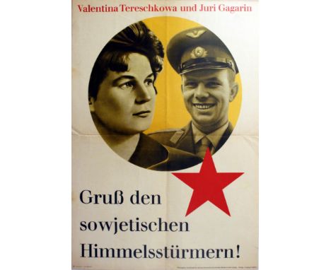 Propaganda Posters Yuri Gagarin and Valentina Tereshkova. Original vintage poster published in East Germany to celebrate the 