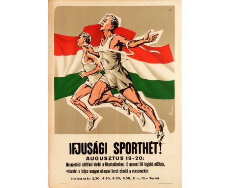 Original vintage sport competition poster for the Youth Sport Week on 19-20 August at the People's Stadium in Budapest the ca