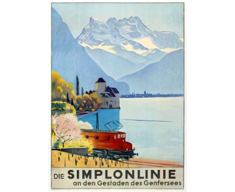Original vintage travel poster advertising The Simplon Line on the shores of Lake Geneva / Die Simplonlinie an Den Gestaden D