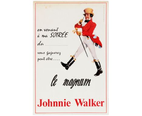 Original vintage advertising poster for Johnnie walker featuring an illustration of man in a red jacket and top hat holding  