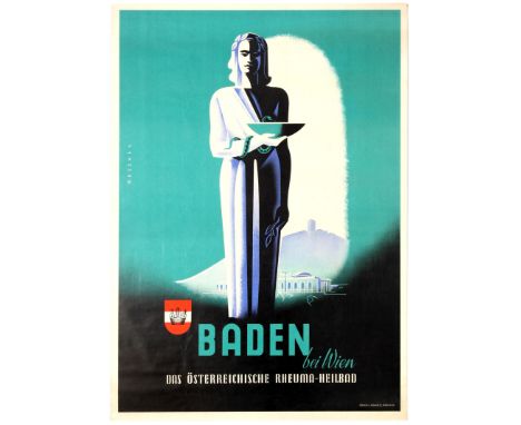 Original vintage travel advertising poster Baden near Vienna - The Austrian Rheumatism Spa - Featuring a great Art Deco style