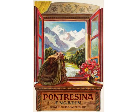 Original vintage travel poster for the alpine village of Pontresina in Switzerland known for its Belle Epoque hotels and trad