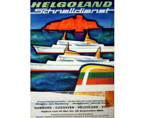 Original vintage advertising poster for Helgoland Schnelldienst featuring three sea cruise/ferry ships. HAPAG-HADAG Seebardie