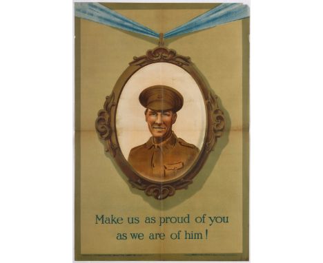 Original antique British World War One propaganda poster "Make us as proud of you as we are of him!" featuring a portrait of 