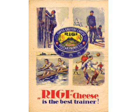 Original vintage food advertising poster: Rigi Cheese is the Best Trainer! Image of Swiss sporting activities: skiing, rowing