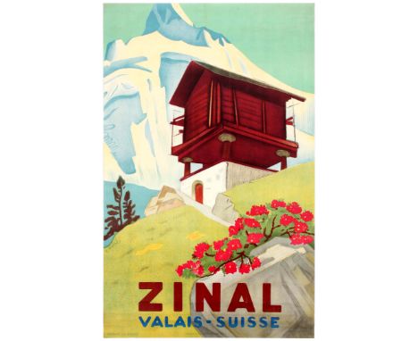 Original vintage travel advertising poster for Zinal in Switzerland featuring a great design by Eric Hermes of a log cabin on