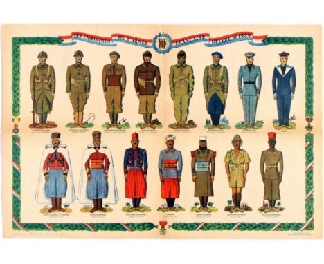 Original vintage advertising poster Uniforms of the French Army of 1939 (Les Uniformes de l'Armee Francaise Guerre De 1939). 