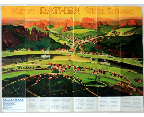 Travel Posters Kurort Rathen. Original vintage travel poster featuring a map of Rathen in Switzerland. Designed by Ruffer Dre