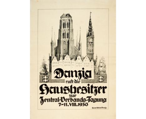 Original vintage travel poster: Danzig calls the landowners for the association meeting 7-11 August  1930. Great black and wh