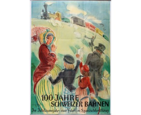 Original vintage lithograph Travel Poster - 100 Years of the first train journey in Switzerland.  The construction and operat