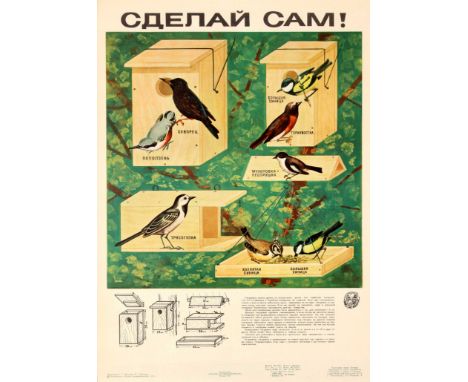 Original vintage Soviet propaganda poster featuring a great illustration depicting a variety of birds, including a starling, 