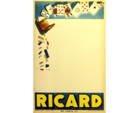 Original vintage advertising poster: playing cards - Casino announcement board, sponsored by Ricard. Ricard is a pastis, an a