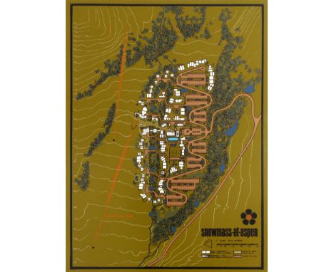 Original vintage poster featuring a map depicting the plan of the Snowmass-at-Aspen ski resort complex located in the Snowmas