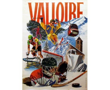 Original vintage sport poster for Valloire, featuring a great picture of all the sports available - skiing, cycling, hockey, 