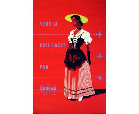 Original vintage poster advertising travel to the Cote d'Azur by Sabena. Great image of a lady in a traditional folk dress an