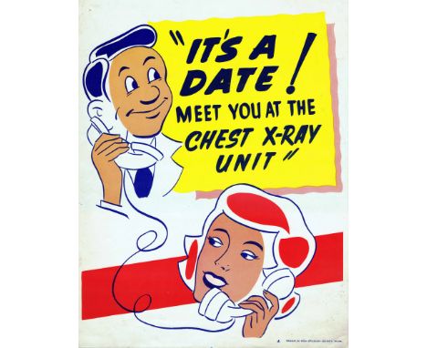 Original vintage mid-century health propaganda poster glamourising X-ray checkups featuring a wacky retro design of a couple 