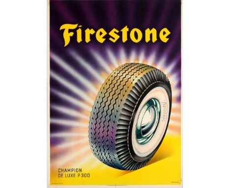 Original vintage advertising poster in Danish for the American tire company Firestone to promote their Champion De Luxe P300 