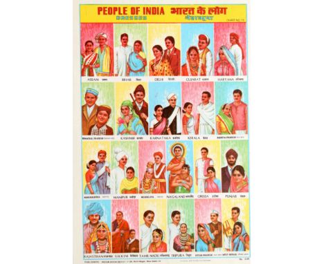 Original vintage poster labelled Chart No. 75 depicting colourful fashion images of smiling couples wearing different Indian 
