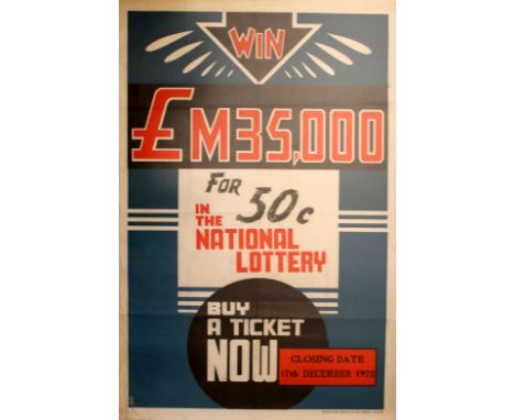 Original vintage advertising poster for the 1973 Malta National Lottery. Win £M35,000 for 50c in the National Lottery. Buy a 