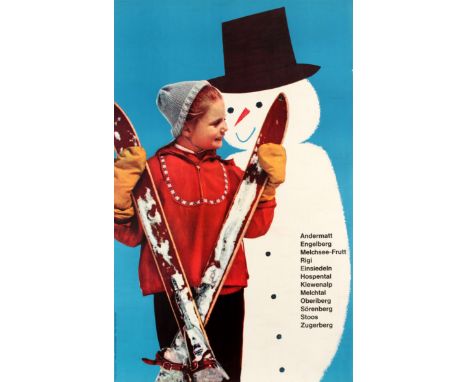 Original vintage winter travel advertising poster promoting the Swiss mountain resorts and skiing villages of Andermatt Engel