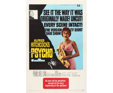 Original vintage poster for a re-release of a classic horror film Psycho.  Psycho is a 1960 American psychological horror fil