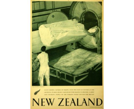 Original vintage travel poster for New Zealand - large scale butter production featuring a photo of a butter churn being oper