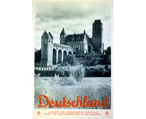 Original vintage travel poster for Germany showing the Schloss und Dom Marienwerder. Kwidzyn Castle is a large brick gothic c