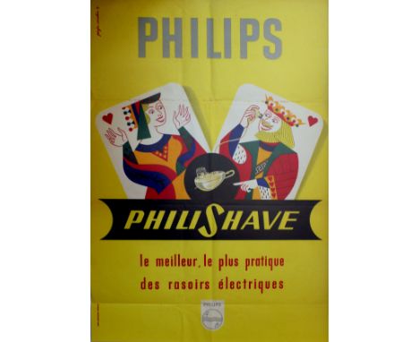Original vintage advertising poster for Philips Philishave featuring a fun mid-century modern design of a queen and king of h