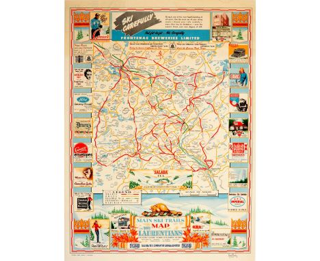 Original vintage poster map of the main ski trails in the Laurentians mountain range in Quebec Canada featuring colourful adv