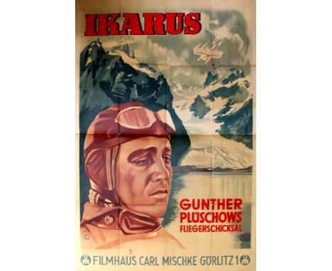 Original vintage documentary film poster for a German movie, Ikarus: Gunther Pluschows Fliegerschicksal. Filmhaus Karl Mischk