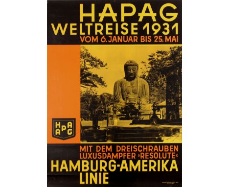 Original vintage travel advertising poster for the Hamburg America Line HAPAG World Travel Cruise from 6 January to 25 May 19